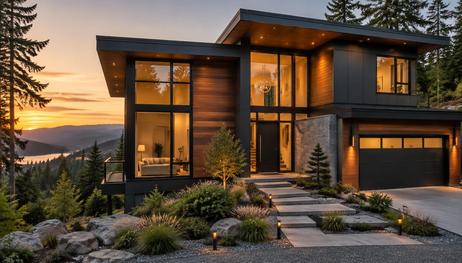 Modern custom home built in Washington State at dusk